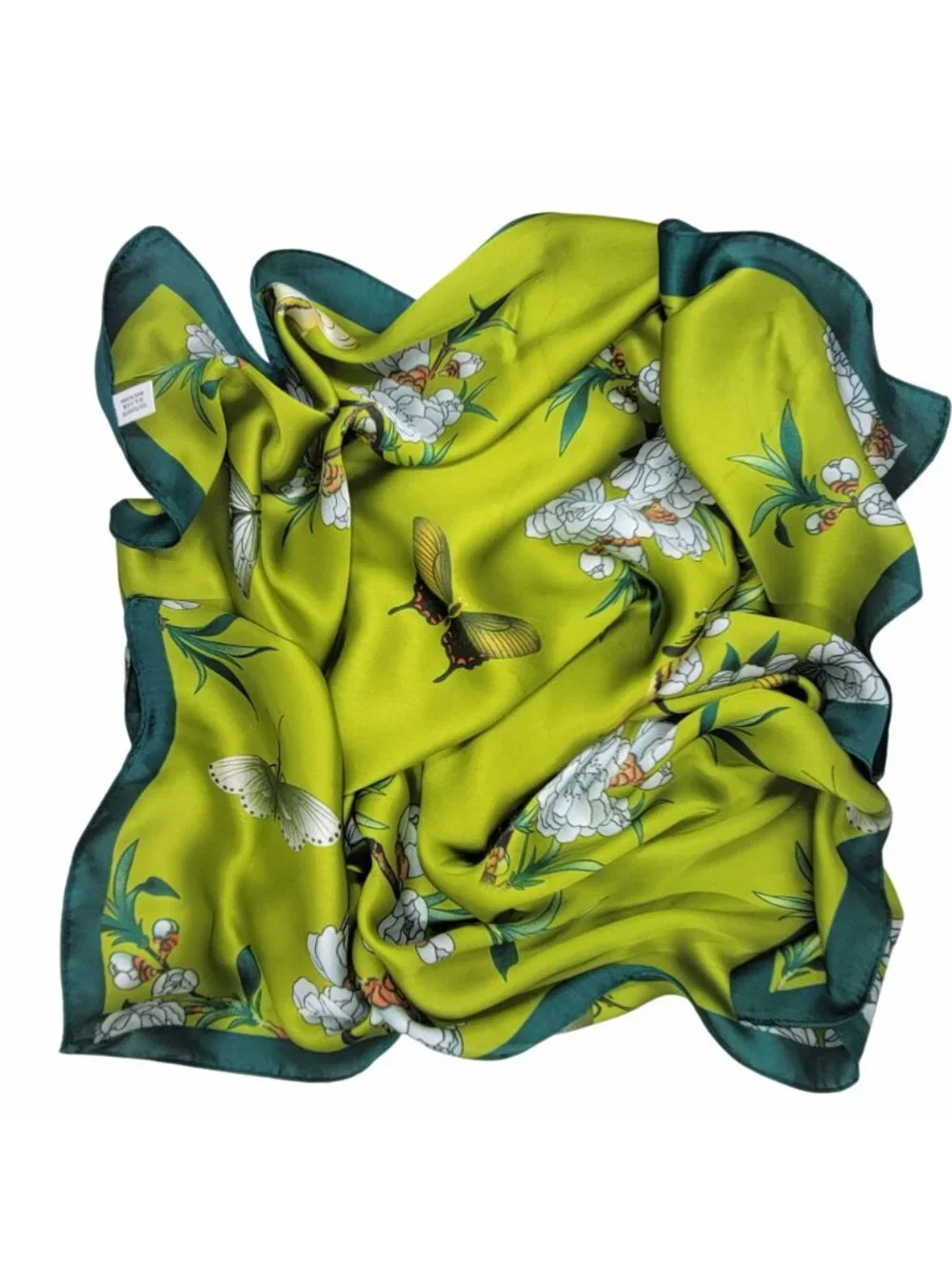 ✨Chic Silky Square Scarf Bright Green Butterfly White Floral Print Head Bandana✨